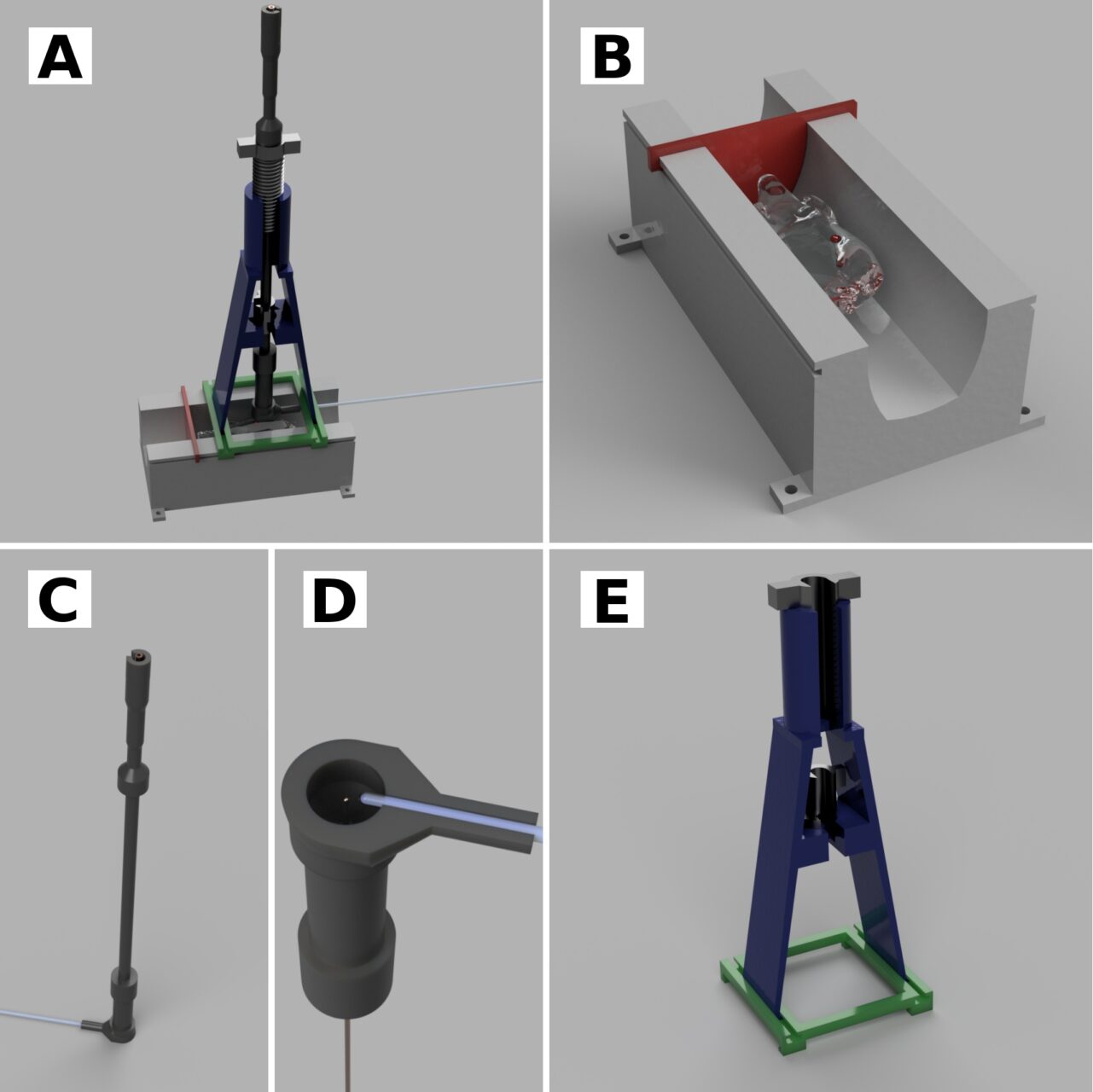 Das optimierte Applikator-Design zur Mikrowellen-basierten Maushyperthermie besteht aus mehreren 3D-druckbaren Teilen, deren Renderings hier gezeigt sind (A-E). (Quelle: Uniklinikum Erlangen, Ben Kahlert)