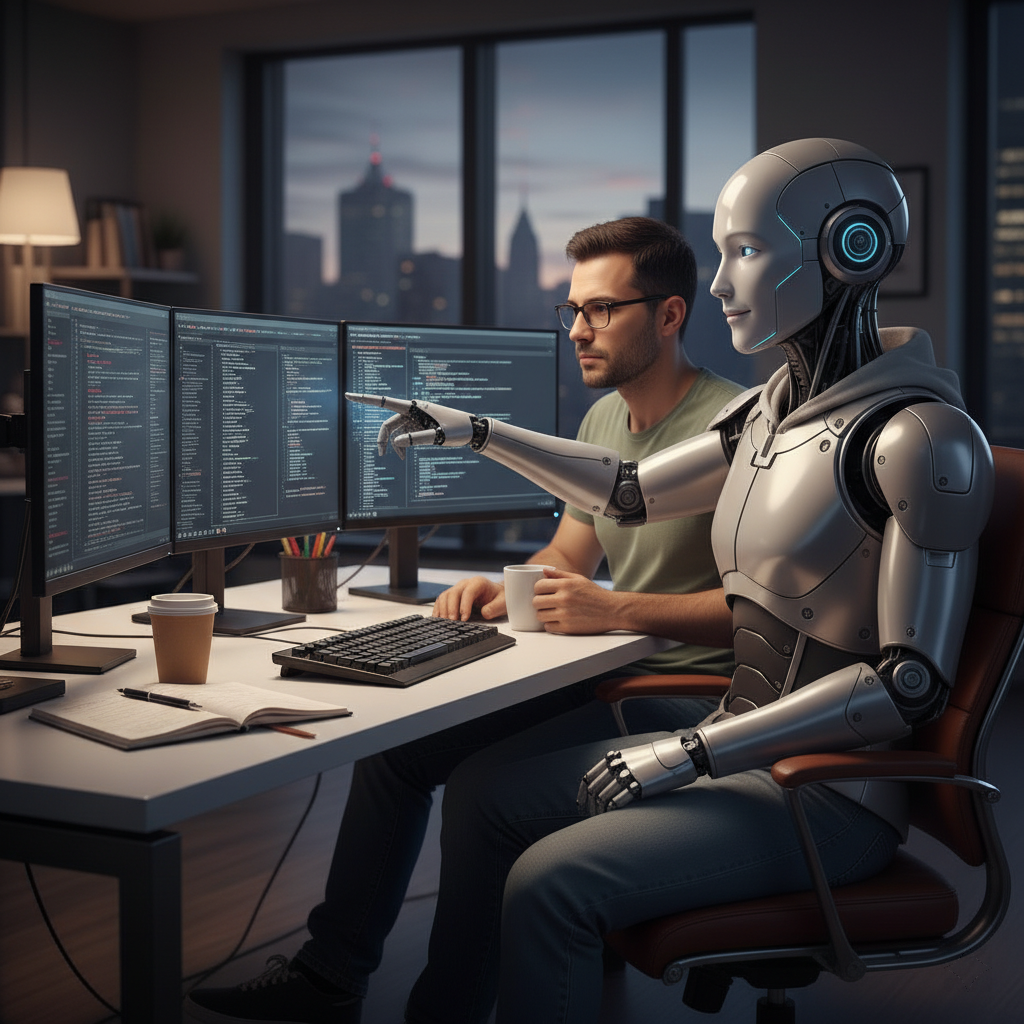 Visualisierung der Synergie: Ein Softwareentwickler und sein KI-Assistent (Quelle: msg systems ag)