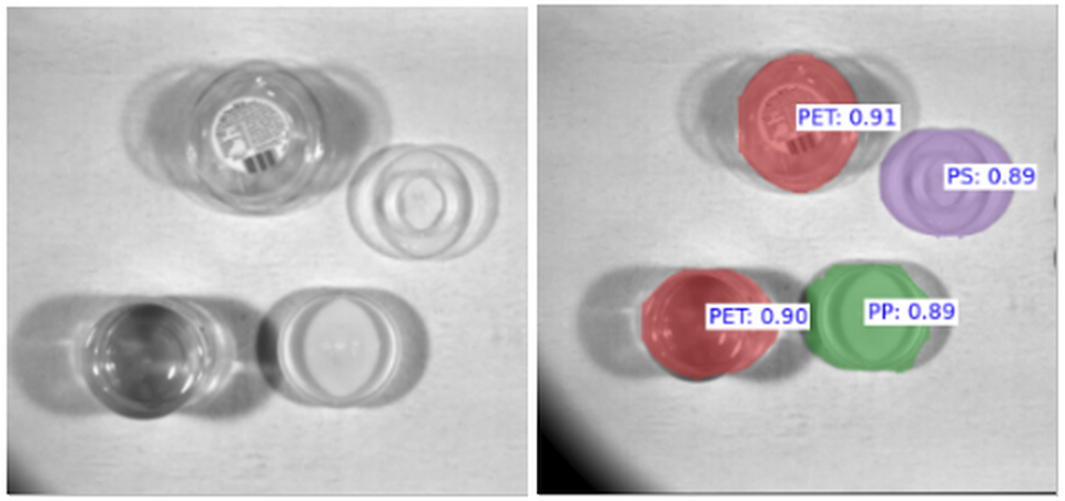 Originalbild (links) und klassifiziertes Bild (rechts). Alle Plastikteile wurden erfolgreich erkannt. Zusätzlich wurde das Label mit Wahrscheinlichkeit ausgegeben. Die Plastikteile wurden entsprechend ihrem Material markiert. (Quelle: Lehrstuhl für Multimediakommunikation und Signalverarbeitung (LMS) der Friedrich-Alexander-Universität Erlangen-Nürnberg (FAU))