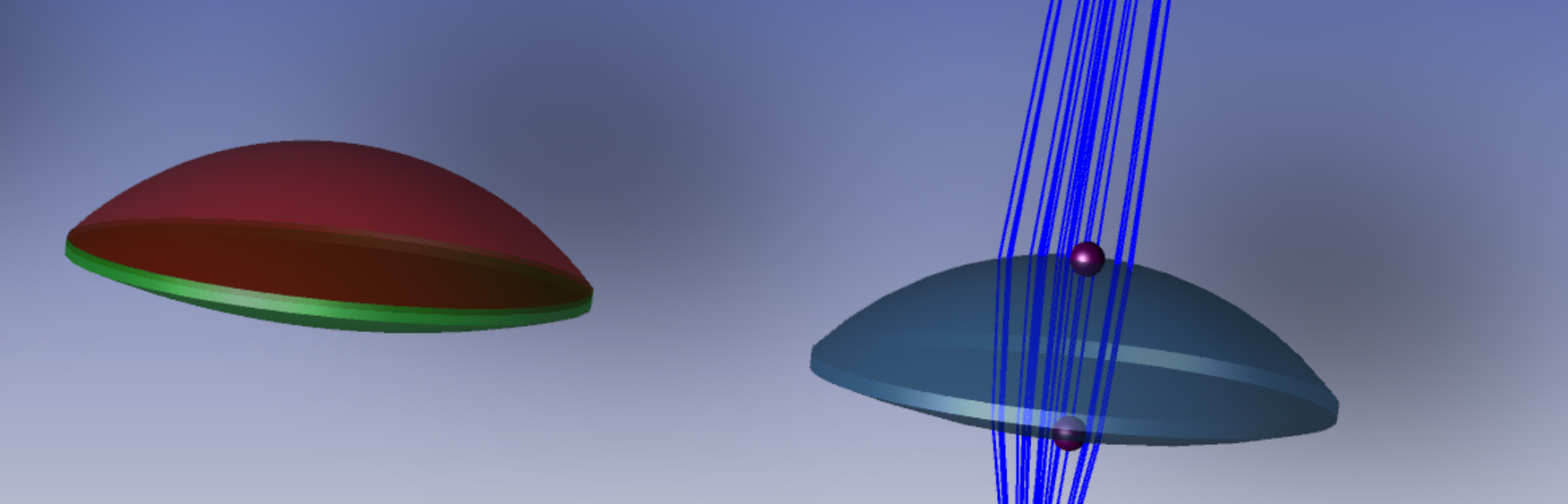 Detailansicht des Prüflings in der Optiksimulation, aufgebaut aus dezentrierter roter und grüner Linsenhälfte (Quelle: Technische Hochschule Deggendorf, Institut für Präzisionsbearbeitung und Hochfrequenztechnik)
