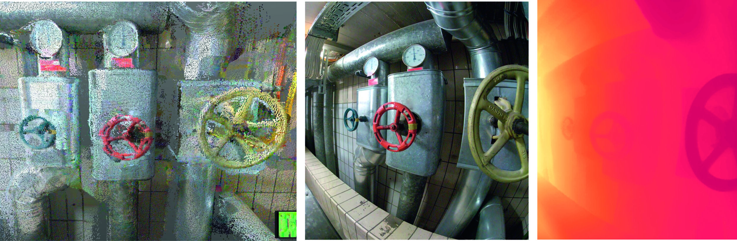 3D-Laserscanner messen 3D-Punkte in hoher Genauigkeit (links), deren Auflösung jedoch nicht an eine Fotografie heranreicht (Mitte). Neueste neuronale Verfahren können direkt Tiefe aus Bildern schätzen (rechts), jedoch mit geringer metrischer Genauigkeit (Quelle: Friedrich-Alexander-Universität Erlangen-Nürnberg, Department Informatik, Lehrstuhl für Graphische Datenverarbeitung, NavVis GmbH)