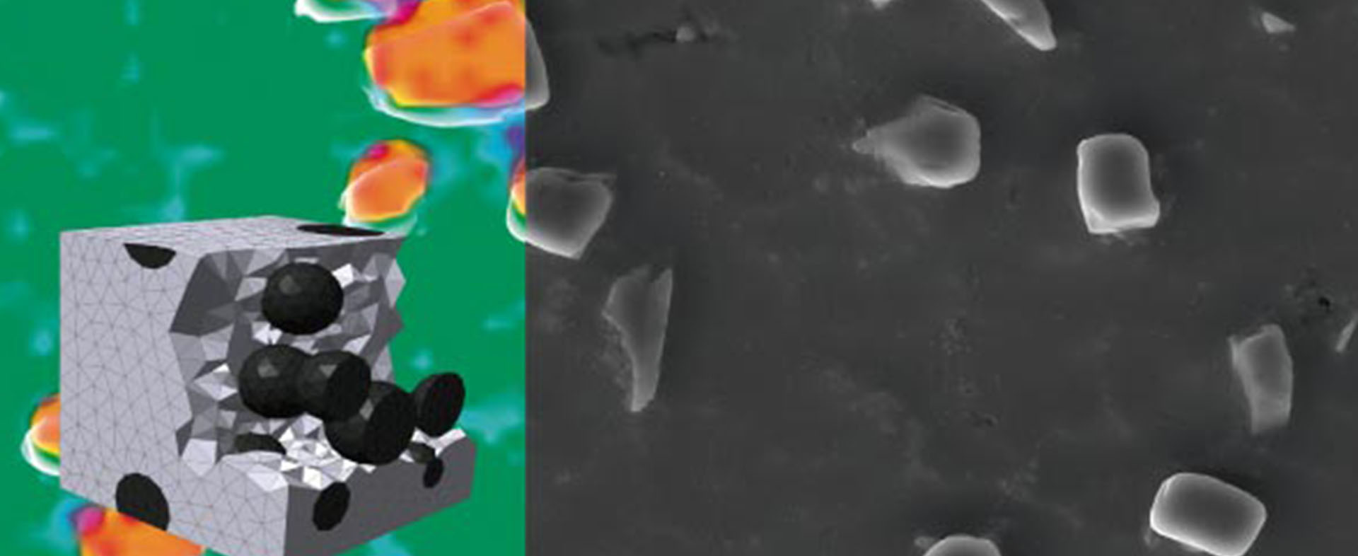 Magnesiummatrix und SiC-Partikel in der virtuellen Welt und unter dem Mikroskop (Quelle: BMW Group, Forschungs- und Innovationszentrum)