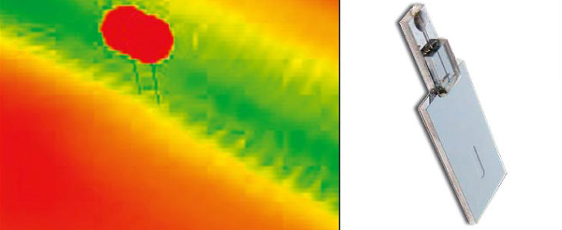 Sensorchip mit Sensorfenster und mit einem konfokalen Laser-Scanning-Mikroskop aufgenommene Detailaufnahme des Sensorbereichs mit Bragg-Gitter (Periodenabstand des Bragg-Gitters 500 nm) (Quelle: Fachhochschule Aschaffenburg, Zentrum für Naturwissenschaften und Fachbereich Ingenieurswissenschaften)