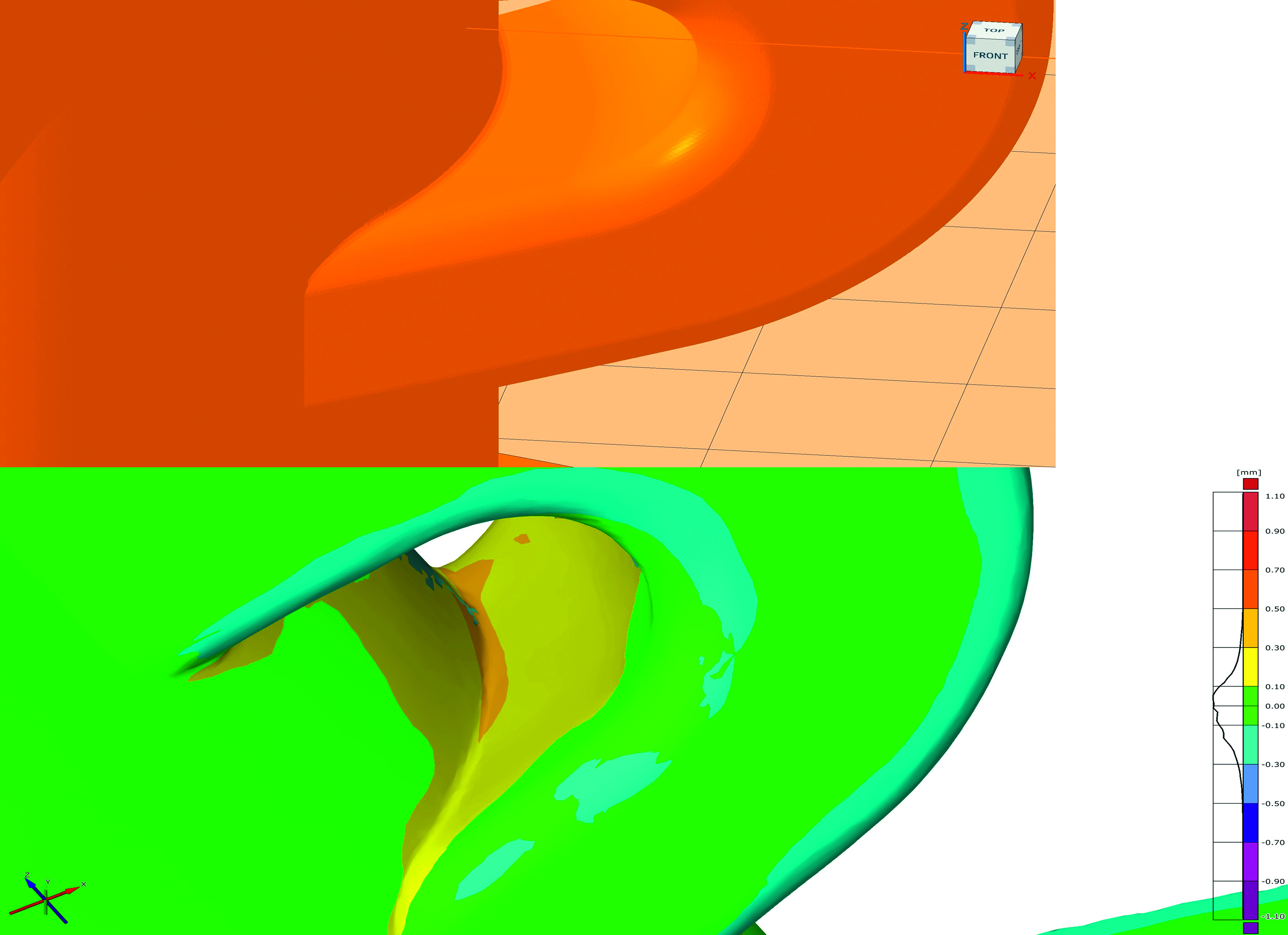 Vergleich zwischen CAD-Geometrie und der modifizierten Geometrie zur Kompensation der Deformation im 3D-Druck. (Quelle: Inacore GmbH)