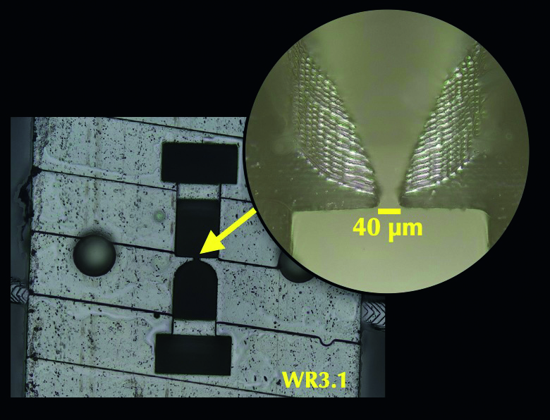 Detailansicht eines Hohlleiter-Übergangs von der Leiterplatte zum WR3.1-Hohlleiter (220 bis 330 GHz), der mit Hilfe der additiven Fertigung hergestellt wurde. (Quelle: Friedrich-Alexander-Universität Erlangen-Nürnberg, Lehrstuhl für Hochfrequenztechnik, Dr. Ing Gerald Gold)